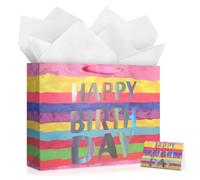 YoungTree Large Happy Birthday Gift Bag with Tissue Papers and Greeting Card,Portable Paper Gift Bags with Handles, Colorful Present Bags for Women Girls Birthday Party Supplies 13" x 10.2" x 4.7"