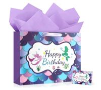 YoungTree Large Happy Birthday Gift Bag with Tissue Papers and Greeting Card,Portable Paper Mermaid Gift Bags with Handles,Purple Present Bags for Women Girls Birthday Party Supplies13 x 10.2" x4.7"