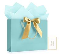YoungTree Light Blue Gift Bag with Tissue Papers and 1 Greeting Card Ribbon, Portable Paper Gift Bag with Handles, Birthday Gift Bags,Present Bags for Wedding Party Supplies,12.6" x 9.8" x 4.3"