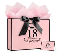YoungTree Pink 18th Birthday Gift Bag with Handles - 1 Greeting Card 2 Tissue Papers, Large Portable Paper Gift Bags for 18th Birthday Decorations Supplies Valentine's Day 14.1" x 9.8" x 4.3"