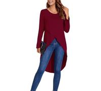 YOUNIFIZ Long Tops for Womens UK Leggings Tunic Casual Front Split Crewneck 2025 Summer Long Sleeve Blouse Wine Red