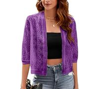 YOUNIFIZ Women's Elegant Crop Cardigan Wedding 3/4 Sleeve Open Front Cover up Sheer Floral Lace Bolero Shrug Top Purple