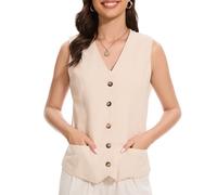 YOUNIFIZ Womens Linen Waistcoat Lightweight Cropped Top V Neck Pocket Button Work Casual Sleeveless Jacket Linen Vest Apricot