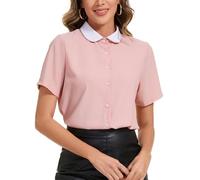 YOUNIFIZ Women's Peter Pan Collar Blouse 2025 Vintage Office Work Short Sleeve Button Down Shirt Blouse