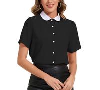 YOUNIFIZ Women's Peter Pan Collar Blouse 2025 Vintage Office Work Short Sleeve Button Down Shirt Blouse Black