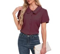 YOUNIFIZ Women's Peter Pan Collar Blouse Short Sleeve Button Down Shirt Vintage Button Up Blouses Shirt