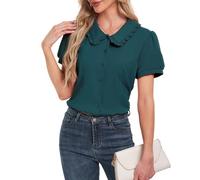 YOUNIFIZ Women's Peter Pan Collar Blouse Short Sleeve Button Down Shirt Vintage Button Up Blouses Shirt