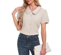 YOUNIFIZ Women's Peter Pan Collar Blouse Short Sleeve Button Down Shirt Vintage Button Up Blouses Shirt