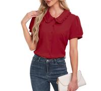 YOUNIFIZ Women's Peter Pan Collar Blouse Short Sleeve Button Down Shirt Vintage Button Up Blouses Shirt
