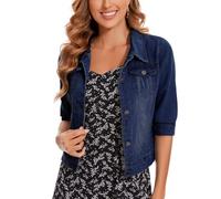 YOUNIFIZ Women's Short Denim Jacket 2025 Lapel Stretch Jean Coat Button Trendy 3/4 Sleeve Cropped Denim Jackets