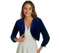 YOUNIFIZ Women's Velvet Bolero Shrug Cocktail Party Open Front Ruched 3/4 Sleeve Cropped Bolero Cardigan Navy Blue