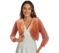 YOUNIFIZ Women's Velvet Bolero Shrug Cocktail Party Open Front Ruched 3/4 Sleeve Cropped Bolero Cardigan Pink Orange