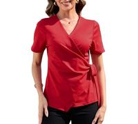YOUNIFIZ Wrap Tops for Women Short Sleeve Workout 2025 Office Dressy V Neck Ruched Tie Asymmetrical Elegant Peplum Top Blouse Red