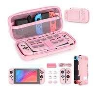 Younik Switch Case for Switch 2017, 14 in 1 Accesseries Kit with Switch Carrying Case, Screen Protector, Protective Covers, Thumb Grips Caps, Game Card Case and Type C cable (Pink, Button Pattern)