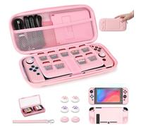 Younik Switch Case for Switch 2017, Portable Switch Carrying Case, 14 in 1 Accessories Kit with Switch Case, Cover, Screen Protector, Thumb Grip Cap, Game Card Case and Strap (Pink, Button Pattern)