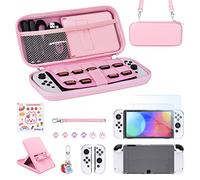 Younik Switch OLED Accessories Bundle, 17 in 1 Pink Switch OLED Accessories Kit Include Switch Carrying Case with 9 Game Card Slots, Adjustable Stand, Protective Case for Switch Console & J-Con