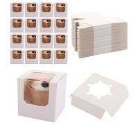 YOUNTHYE 100PCS Individual Cupcake Boxes, White Cupcake Boxes Single Kraft Small Cake Boxes with Window and Inserts, 9x9x9cm Cupcake Boxes for Kids Party, Wedding, Birthday, Christmas
