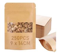YOUNTHYE 250PCS Brown Paper Bags with Window, 9x14cm Kraft Bags Resealable Pouches with Clear Window, Kraft Paper Food Bags for Dried Food Nuts Tea Coffee Beans