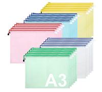 YOUNTHYE 25PCS Plastic Wallets A3 Zip Wallets, A3 Mesh Document Folder Mesh Zipper Pouch Large Zip Folders, Document Wallet for Home School Office Supplies, Travel Accessories(5 Colors)