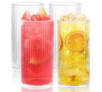 YOUNTHYE Drinking Glasses Set of 4, Origami Style Drinking Glass 12oz Glass Cups Vintage Ribbed Glassware Highball Glasses for Cocktails, Beer, Smoothies, Juice