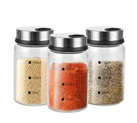 YOUNTHYE Pack of 3 Spice Jars with Twist Lid, 200 ml Salt Shaker Made of Borosilicate Glass, Spice Shaker with 4 Types of Spice Holes, Spice Jars for Kitchen, BBQ, Spices, Herbs, Cooking