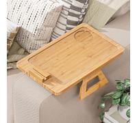 Youpehom Bamboo Sofa Tray,Couch Arm Table, Clip-On Armrest Tray Table for Wide Couch Foldable Tray with 360° Phone Holder Couch Arm Tray for Eating/Drinks/Snacks/Remote