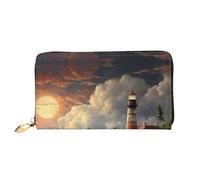 YoupO Wallet Women Long Clutch Wallet Microfiber Leather Zipper Travel Long Purse Coast Wave And Lighthouse Printed Mobile Wallet, Black, One Size, Contemporary
