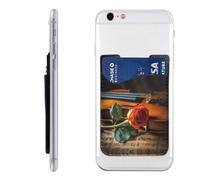 YoupO Wooden Violin And Rose Printed Phone Card Holder,Leather Phone Wallet Stick On,Card Holder For Back Of Phone,Compatible With Most Of Cell Phone (Iphone,Android), White, One Size