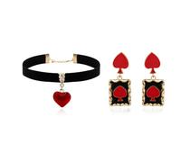 Your Always Charm Queen of Hearts Earrings and Necklace Set Black Choker Vampire Accessories for Women Gothic Costume Jewelry Inspired by Vampire Diaries, Brass, brass