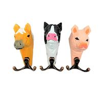 your castle Wall Hooks Farm Animal Family Animal Heads - 2-Way Wooden Coat Hooks Set of 3 Horse, Cow, Pig, 11 x 6 cm