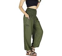 YOUR COZY Boho Aladdin Harem Pants for Women - Lightweight Cotton Rayon Smocked Waist Genie Yoga Trousers for Lounge Travel Festival (Plain Army Green XL)