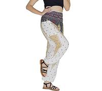YOUR COZY Boho Aladdin Harem Pants for Women - Lightweight Cotton Rayon Smocked Waist Genie Yoga Trousers for Lounge Travel Festival (Peacock White 3XL)