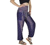 YOUR COZY Boho Aladdin Harem Pants for Women - Lightweight Cotton Rayon Smocked Waist Genie Yoga Trousers for Lounge Travel Festival (Peacock Navy L)