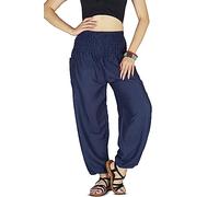 YOUR COZY Boho Aladdin Harem Pants for Women - Lightweight Cotton Rayon Smocked Waist Genie Yoga Trousers for Lounge Travel Festival (Plain Navy M)