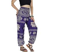 YOUR COZY Boho Aladdin Harem Pants for Women - Lightweight Cotton Rayon Smocked Waist Genie Yoga Trousers for Lounge Travel Festival (Navy Ele XL)
