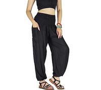 YOUR COZY Boho Aladdin Harem Pants for Women - Lightweight Cotton Rayon Smocked Waist Genie Yoga Trousers for Lounge Travel Festival (Plain Black M)