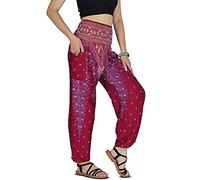 YOUR COZY Boho Aladdin Harem Pants for Women - Lightweight Cotton Rayon Smocked Waist Genie Yoga Trousers for Lounge Travel Festival (Peacock Red 3XL)