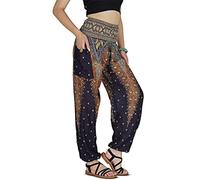 YOUR COZY Boho Aladdin Harem Pants for Women - Lightweight Cotton Rayon Smocked Waist Genie Yoga Trousers for Lounge Travel Festival (Peacock Black 3XL)