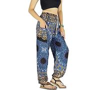 YOUR COZY Boho Harem Pants for Women - Lightweight Cotton Rayon Yoga Lounge Trousers with Drawstring Waist for Travel & Festival (Navy Feather L)
