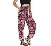 YOUR COZY Boho Harem Pants for Women - Lightweight Cotton Rayon Yoga Lounge Trousers with Drawstring Waist for Travel & Festival (Red Elephant S)