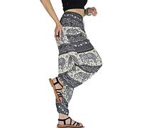 YOUR COZY Boho Harem Pants for Women - Lightweight Cotton Rayon Yoga Lounge Trousers with Drawstring Waist for Travel & Festival (White Elephants L)