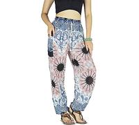 YOUR COZY Boho Harem Pants for Women - Lightweight Cotton Rayon Yoga Lounge Trousers with Drawstring Waist for Travel & Festival (Pink Feather S)