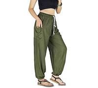 YOUR COZY Boho Harem Pants for Women - Lightweight Cotton Rayon Yoga Lounge Trousers with Drawstring Waist for Travel & Festival (Plain Army Green 2XL)