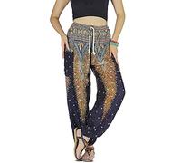 YOUR COZY Boho Harem Pants for Women - Lightweight Cotton Rayon Yoga Lounge Trousers with Drawstring Waist for Travel & Festival (Peacock Black XL)