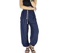 YOUR COZY Boho Harem Pants for Women - Lightweight Cotton Rayon Yoga Lounge Trousers with Drawstring Waist for Travel & Festival (Plain Navy M)