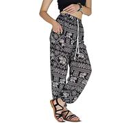 YOUR COZY Boho Harem Pants for Women - Lightweight Cotton Rayon Yoga Lounge Trousers with Drawstring Waist for Travel & Festival (Black Elephants L)