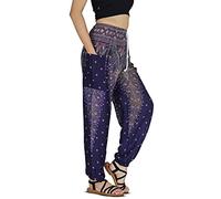 YOUR COZY Boho Harem Pants for Women - Lightweight Cotton Rayon Yoga Lounge Trousers with Drawstring Waist for Travel & Festival (Navy Peacock 2XL)
