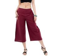 YOUR COZY Cotton Culottes for Women - Loose Wide Leg Palazzo Pants with Elastic Waist and Pockets, Comfy Summer Trousers (Red Wine_S)