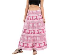 YOUR COZY Women’s Summer Boho Elastic Waist Pleated A-Line Flowy Swing Tiered Long Beach Maxi Skirt (Pink Harmony Elephant_S)