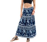 YOUR COZY Women’s Summer Boho Elastic Waist Pleated A-Line Flowy Swing Tiered Long Beach Maxi Skirt (Blue Regal Elephant_S)